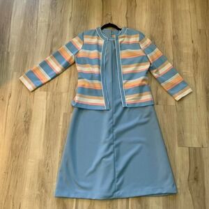 Vintage 1960s/70s baby blue and orange striped dress with jacket